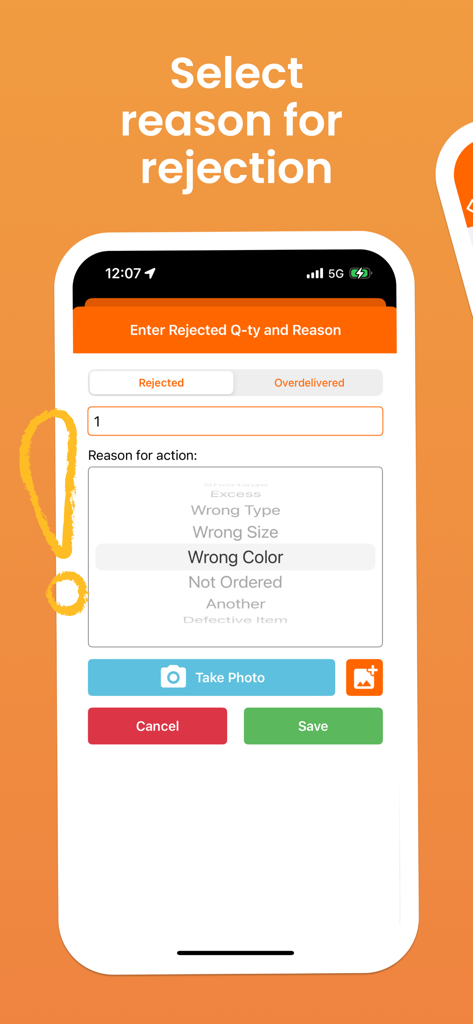 Interface de l'application mobile Track-POD pour sélectionner les raisons des livraisons rejetées, telles qu'une mauvaise couleur ou un article défectueux.