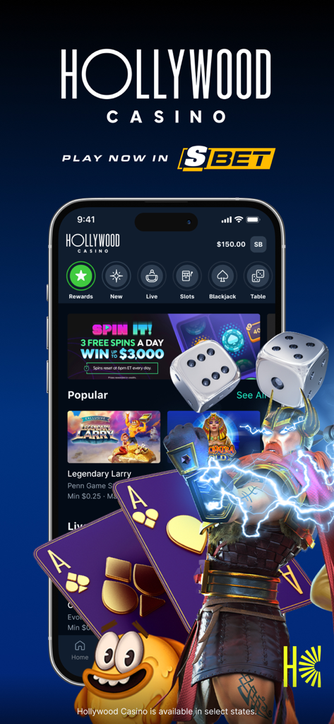 Interface of the Hollywood Casino section within theScore Bet app showing slots and blackjack options