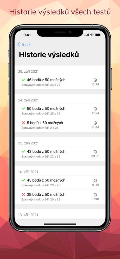 Autoškola 2026 CZ – eTesty+ - a mobile screen displaying the driving test result history with scores and dates
