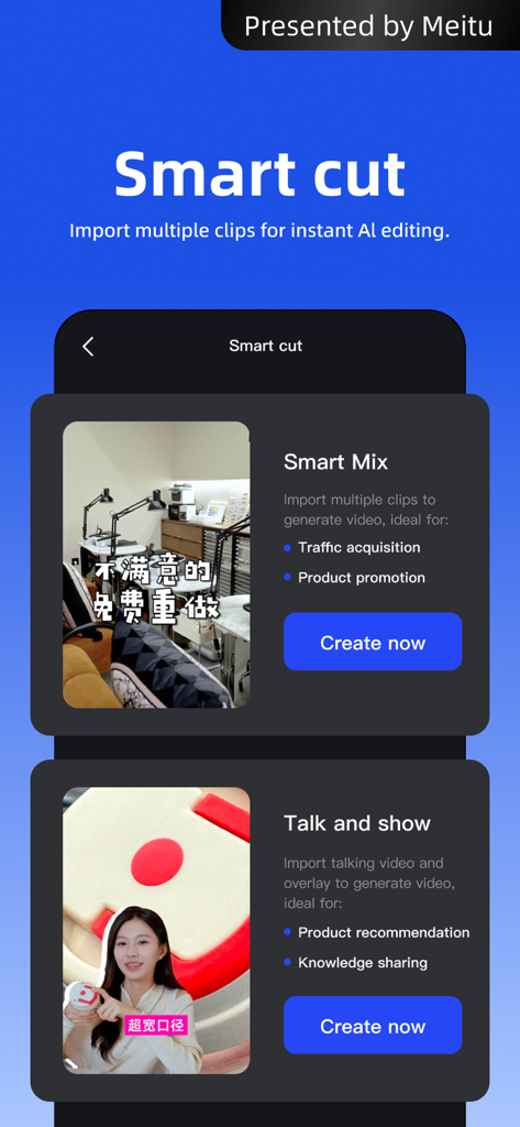 Kaipai - Talking Video with AI - Screenshot der Kaipai-App, der KI-Smart-Cut-Videobearbeitungsoptionen für Kreative zeigt.