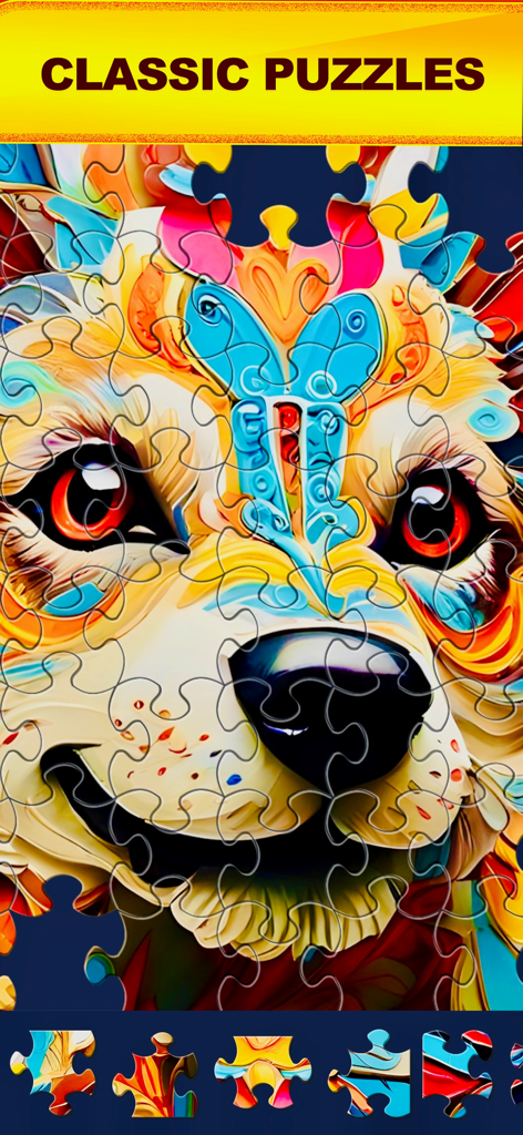 Classic jigsaw puzzle gameplay featuring a colorful dog face