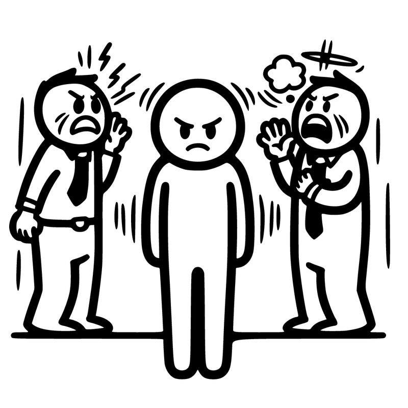 a person standing without feeling and two people inside, one angry and the other calming down the angry one