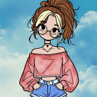 girl with a messy ponytail glasses a baggy crop top and jean shorts