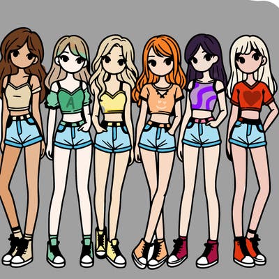 a group of girls wearing crop tops and shorts