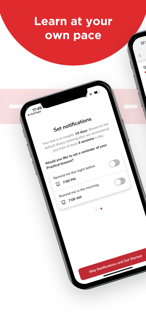 Learn to Drive with RED - A smartphone displaying the Learn to Drive with RED app interface for setting lesson reminders and driving test notifications.