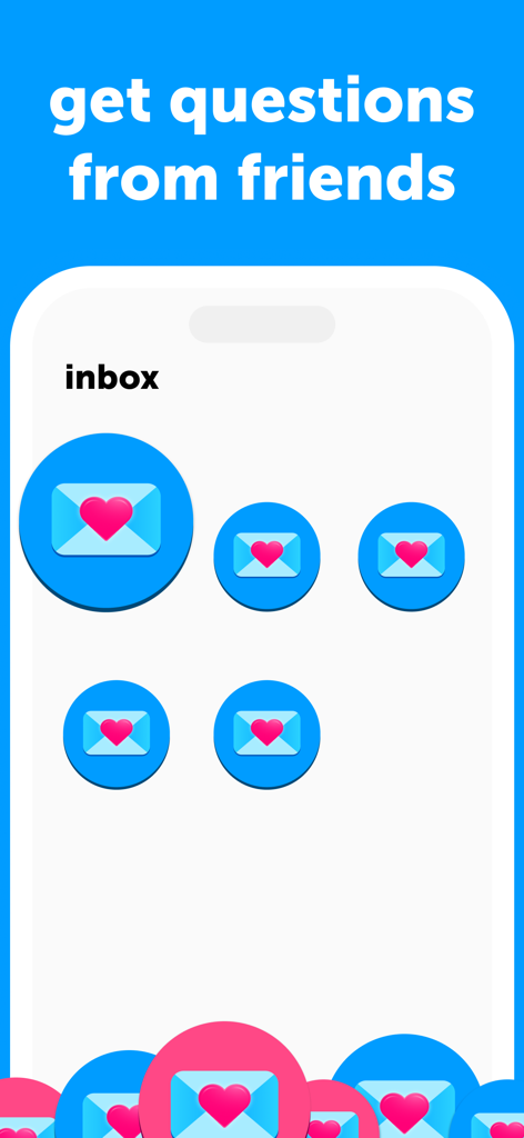 Sendit app inbox screen displaying heart envelope icons for questions received from friends
