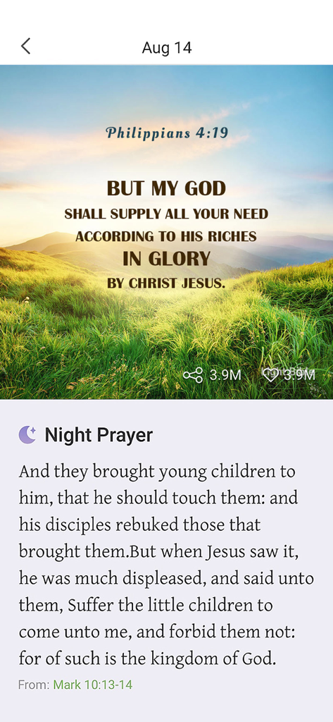A daily Bible verse from Philippians over a scenic mountain landscape with a night prayer passage from Mark below