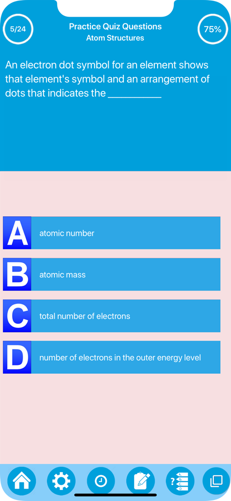 Science : Learn Chemistry - Science Learn Chemistryアプリの練習クイズ画面。原子構造と電子ドット記号に関する多肢選択問題が表示されています。