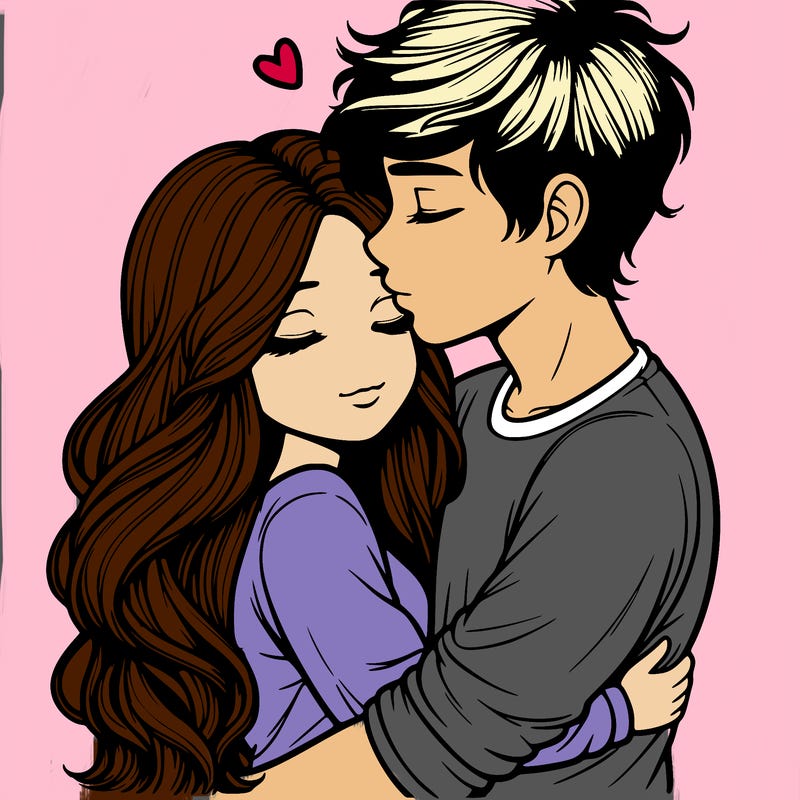 a realistic couple boy and girl hugging and kissing