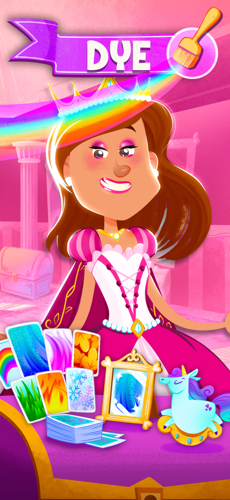 Un personaje de princesa de dibujos animados en un salón de belleza eligiendo diferentes patrones y colores de tinte de un conjunto de tarjetas