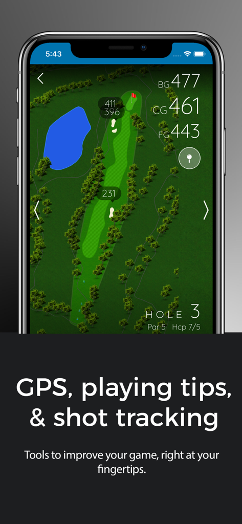 Rooster Run Golf Club - iPhone screen displaying the Rooster Run Golf Club GPS course map and yardage distances for hole 3