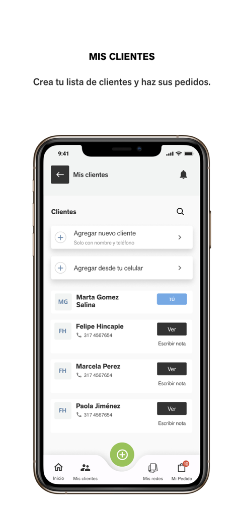 Negocio Leonisa app screen showing the My Customers contact list and options to add new clients