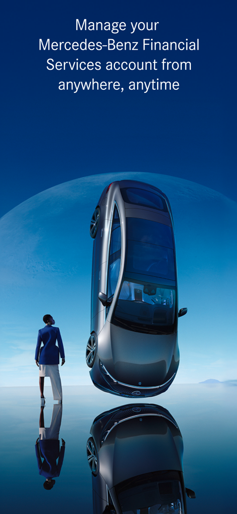 Mercedes-Benz Finance app introduction screen for managing financial services account anywhere anytime