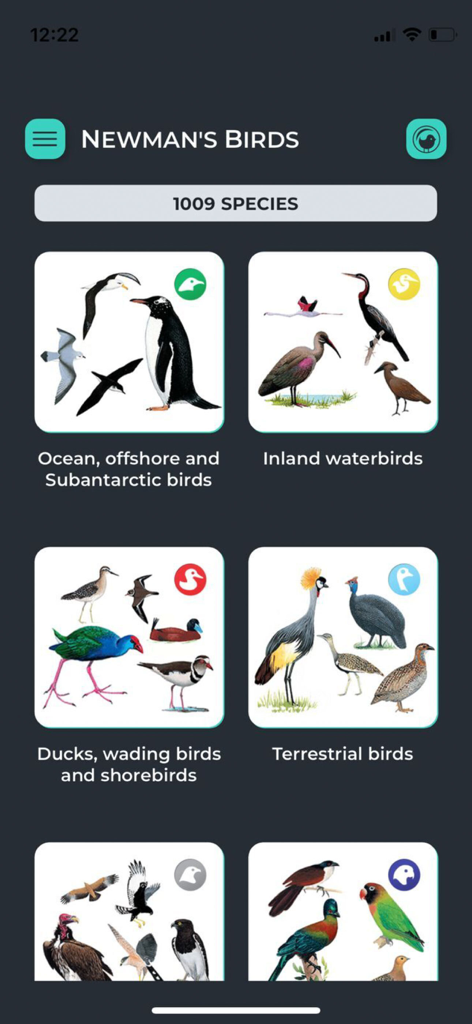 Newman’s Birds of Africa - イラスト付きの鳥の種グループが表示されたNewman's Birds of Africaアプリのメインメニュー