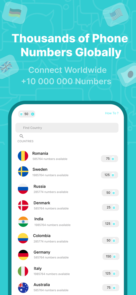 SimCode - Virtual Number SMS - SimCode app interface showing a list of countries with available virtual phone numbers for SMS verification.