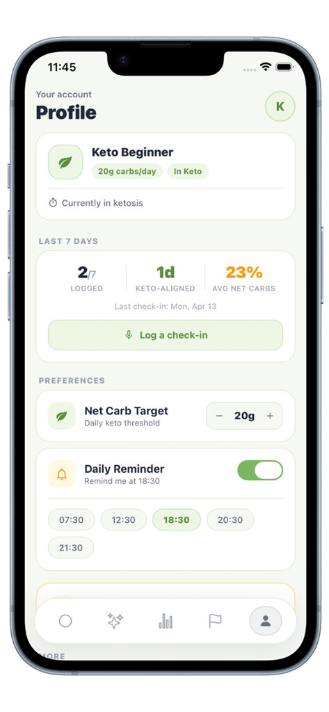 KetoGo | Diet - User profile dashboard in the KetoGo app showing ketosis status and daily net carb targets
