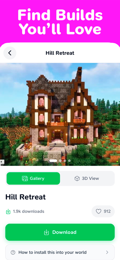 BuilderGPT – AI MC Builder - Preview of a detailed Minecraft house build named Hill Retreat in the BuilderGPT app with download and 3D view options.