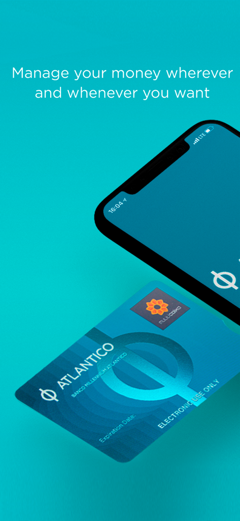 Aplicación de banca móvil ATLANTICO mostrada en un smartphone junto a una tarjeta de débito ATLANTICO