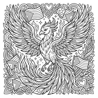 Ignite your creativity with this stunning Crimson Phoenix coloring page, beautifully blended with symbols of Pride. This intricate design offers an engaging challenge for colorists of all levels, celebrating diversity and renewal.