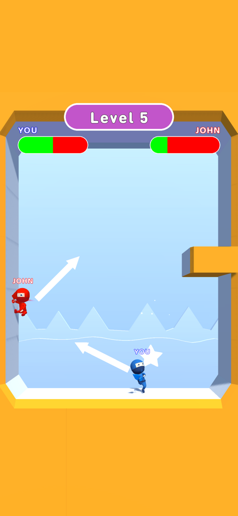 Two ninjas in a 1v1 physics-based combat arena with trajectory arrows and health bars