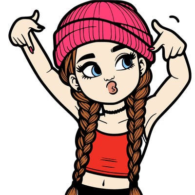 realistic teenage girl with braids and a beanie and crop top doing 🫶🏼