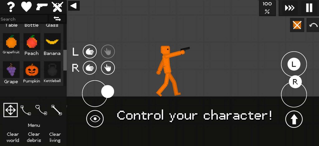 A screenshot of Fruit Playground showing an orange character and a menu with pixel art fruit characters