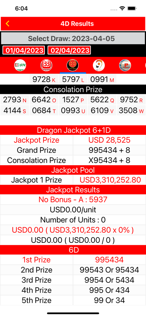 Lotto 4D Results Live 4D Toto - 4D 및 6D 복권 당첨 번호와 잭팟 상금을 표시하는 모바일 앱 화면