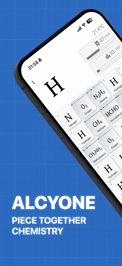 Alcyone - A mobile screen showing the Alcyone chemistry puzzle app with a grid of chemical elements like Hydrogen and Nitrogen.