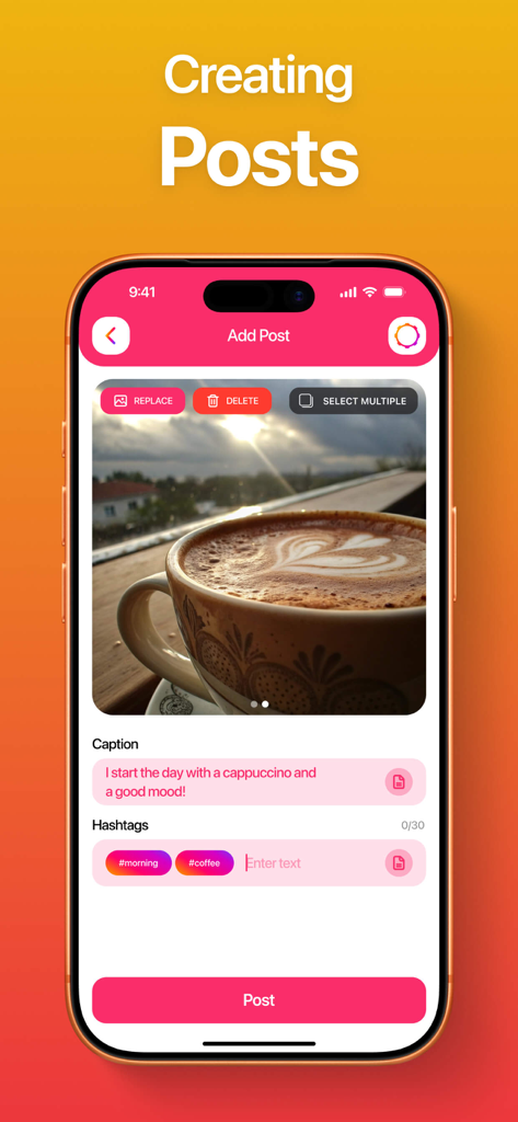 Repost for Instagram + - Mobile app interface for creating social media posts with photo caption and hashtag fields