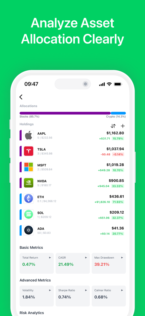StockGenius: AI Portfolio - StockGenius app interface displaying detailed asset allocation and portfolio performance metrics for stocks and cryptocurrency