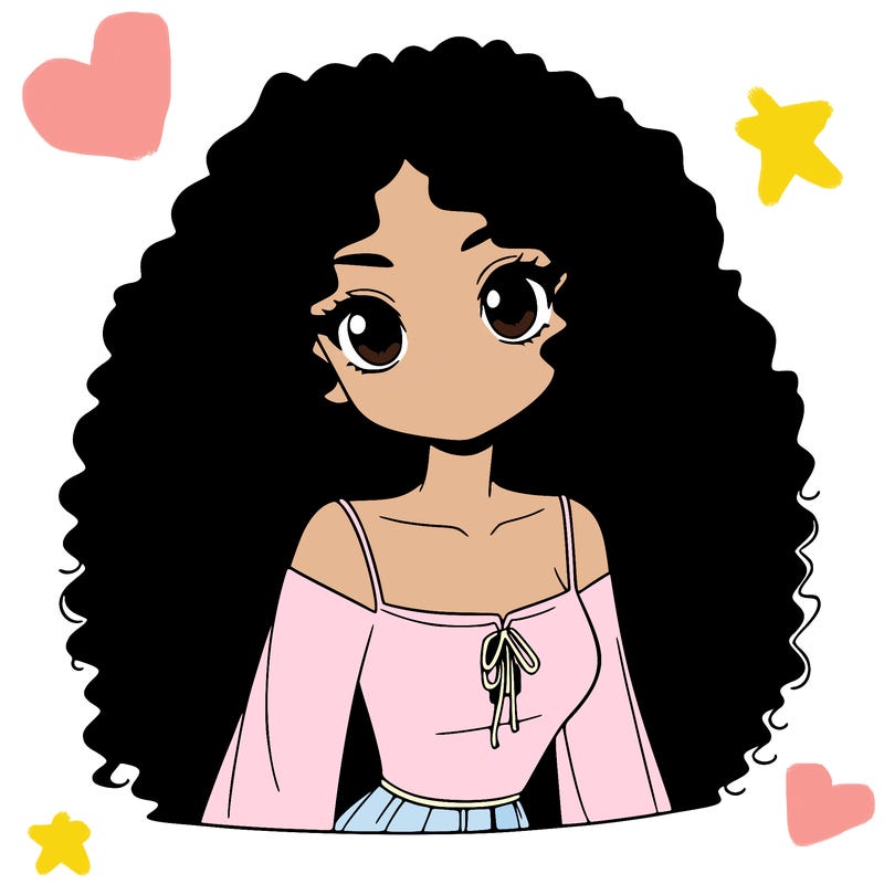 a black anime girl with long afro hair