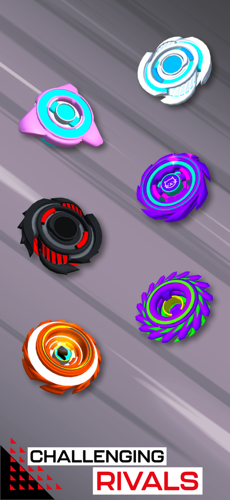 A variety of colorful battle spinners from Spinner Fighter Arena with text saying Challenging Rivals
