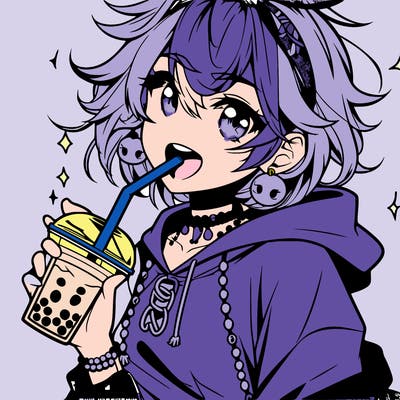 hot baddie anime girl drinking boba and biting the straw
