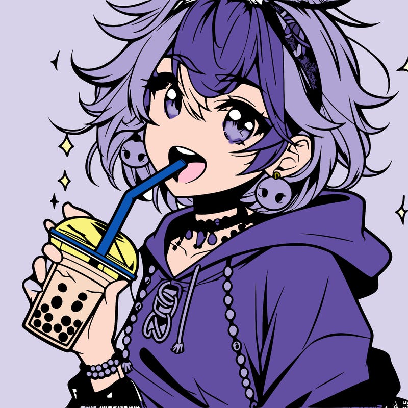 hot baddie anime girl drinking boba and biting the straw