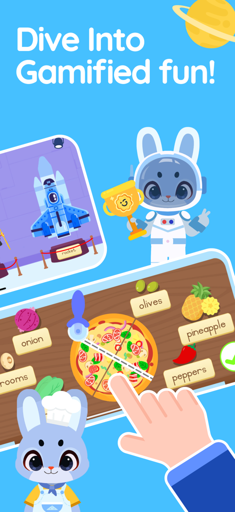 Giggle Academy - Play & Learn - Minijuegos educativos interactivos para niños que presentan una actividad de vocabulario de pizza y un personaje de conejo con un traje espacial.