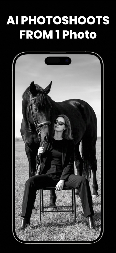 Tooner AI: Photo Editor - Tooner AI app interface showing an AI photoshoot result of a woman and a horse in black and white