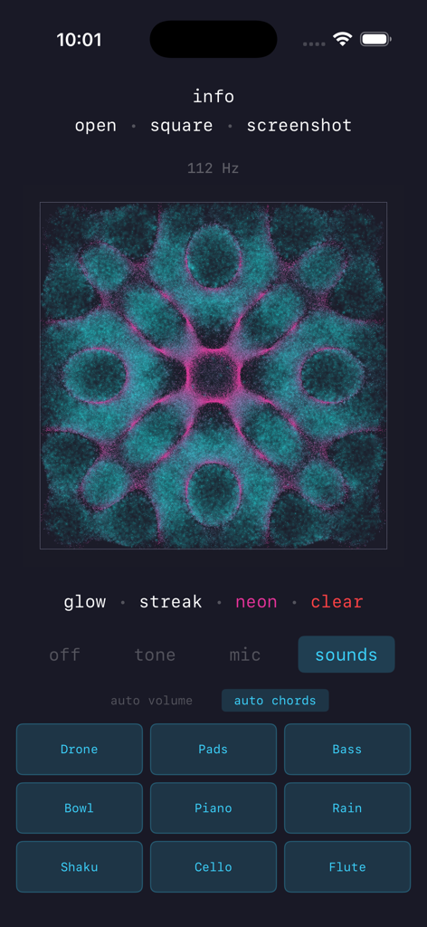 Cymatica: Sounds & Visualizer - Cymatica app interface showing a symmetrical neon sand pattern and a selection of ambient sound instruments