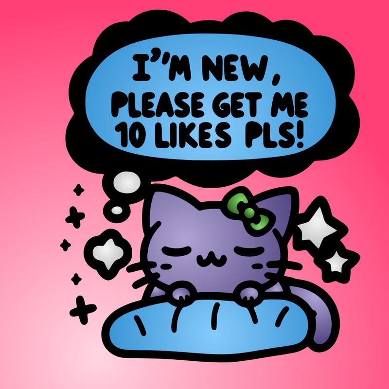 kitty taking a nap dream talking and saying "i'm new, please get me at least 10 likes pls!!"