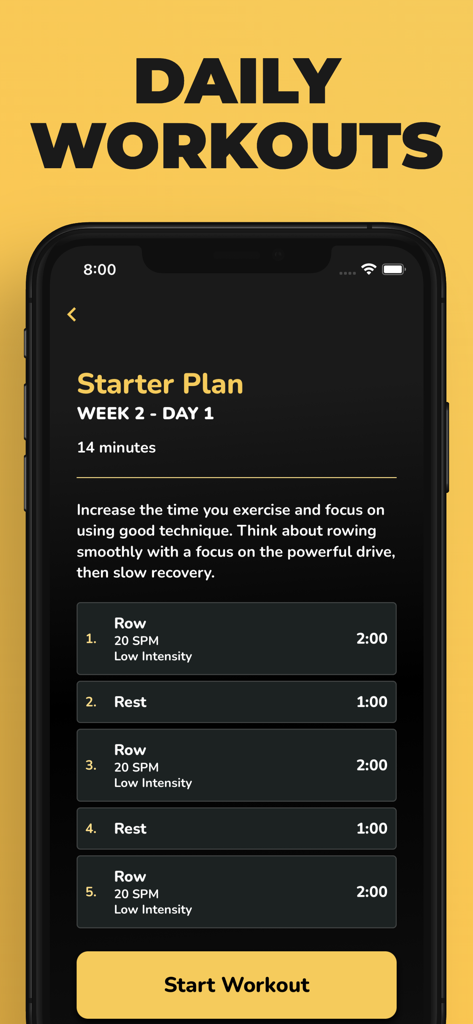 Start Rowing: Workouts Coach - A smartphone screen displaying a 14-minute rowing workout from the starter plan featuring alternating rowing and rest intervals.