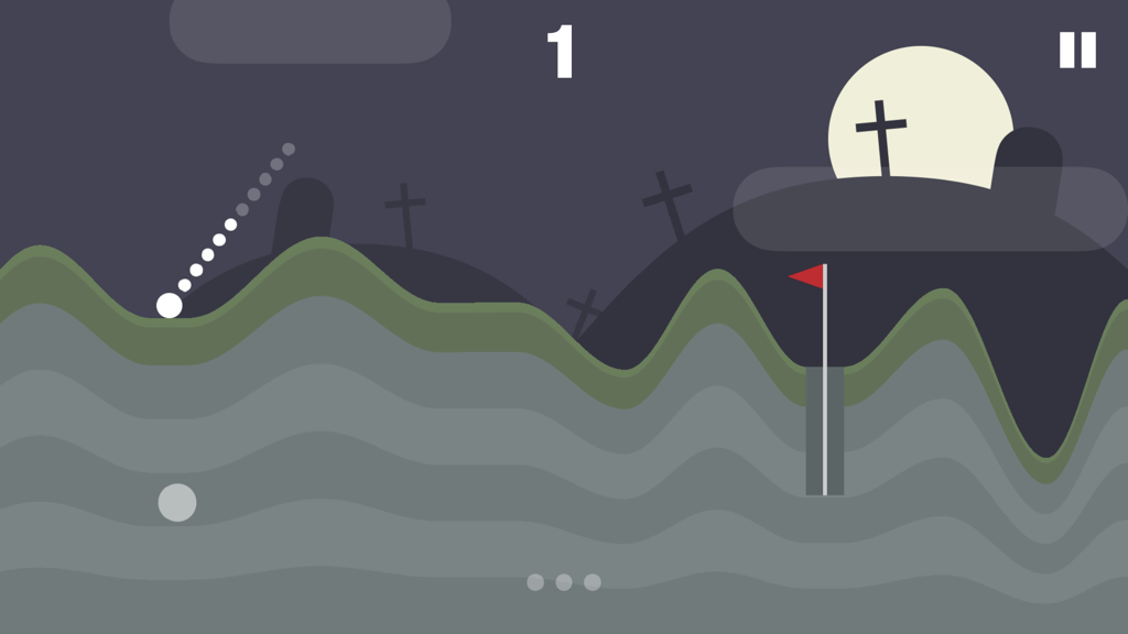 Captura de pantalla del juego móvil Infinite Golf mostrando la trayectoria de una bola en un campo nocturno oscuro con una bandera roja