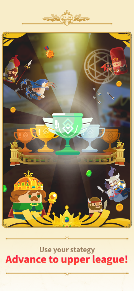 A collection of colorful trophies and game characters promoting advancement to upper leagues in Merge Tactics