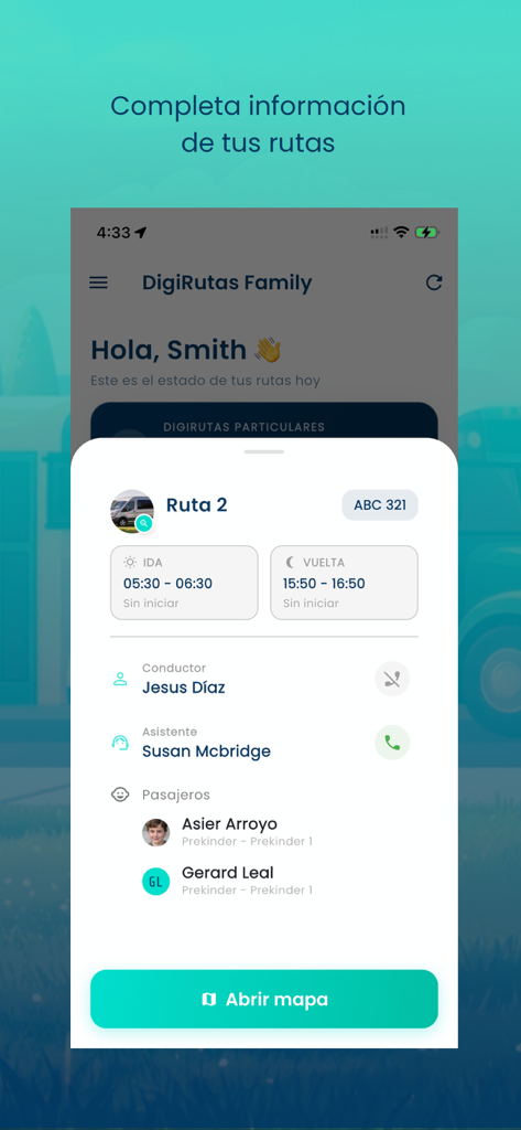 Mobile app screen showing school bus route information with driver and passenger names