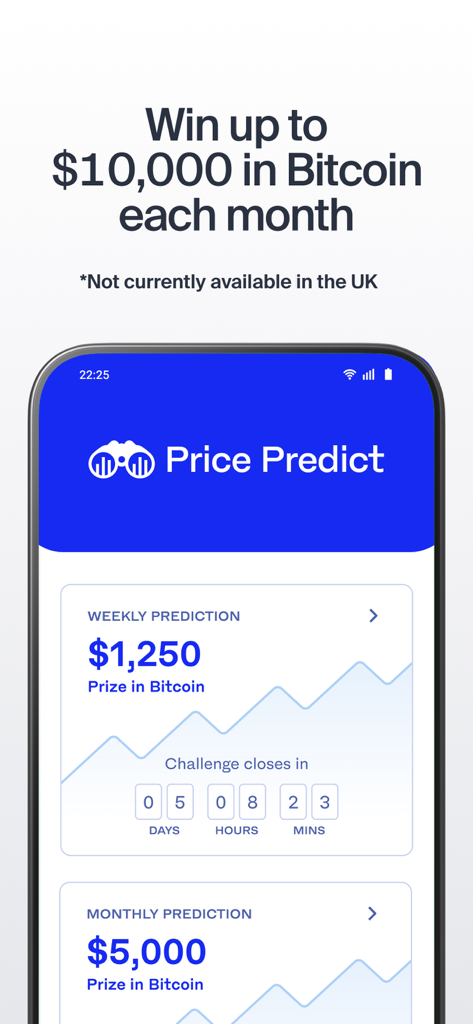 Preisvorhersage-Funktion in der Luno App, die Bitcoin-Preis-Herausforderungen anzeigt.
