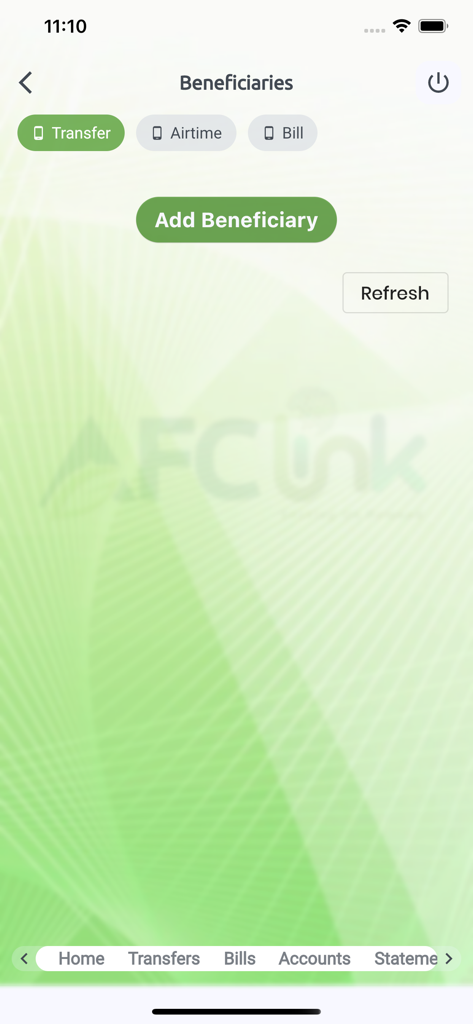 Tela de gerenciamento de beneficiários do aplicativo de mobile banking AFC Link, mostrando opções para adicionar um beneficiário para transferências e pagamentos de contas.