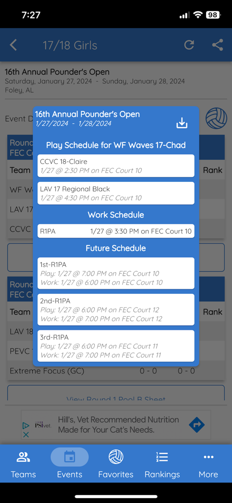 Volleyball Hub mobile app screen showing a team play and work schedule for a tournament