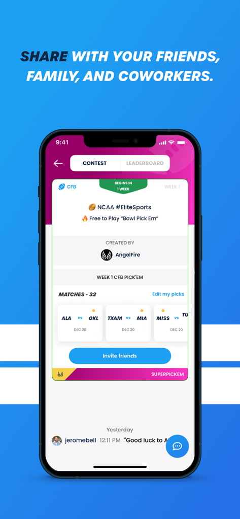 AngelFire Games app screen showing a free to play NCAA bowl pick em contest with football match predictions and invite friends button