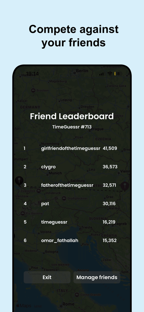 TimeGuessr mobile app Friend Leaderboard screen showing ranked player scores over a dark map background.