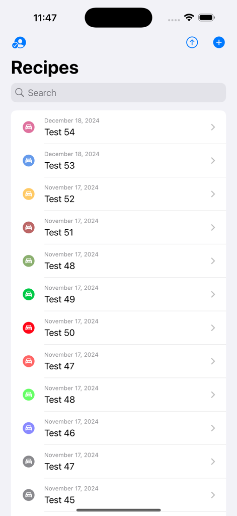 AutoPaint Pro - Lista de formulaciones y recetas de pintura automotriz organizadas por fecha en la aplicación AutoPaint Pro