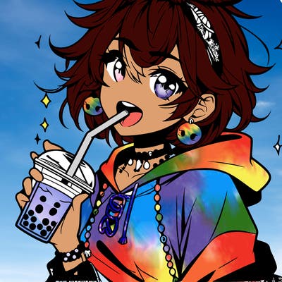 hot baddie anime girl drinking boba and biting the straw