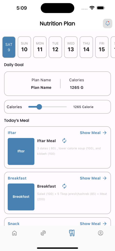 Tri Fits - Interfaz de la aplicación móvil Tri Fits que muestra un plan de nutrición personalizado con objetivos de calorías diarias y comidas programadas.